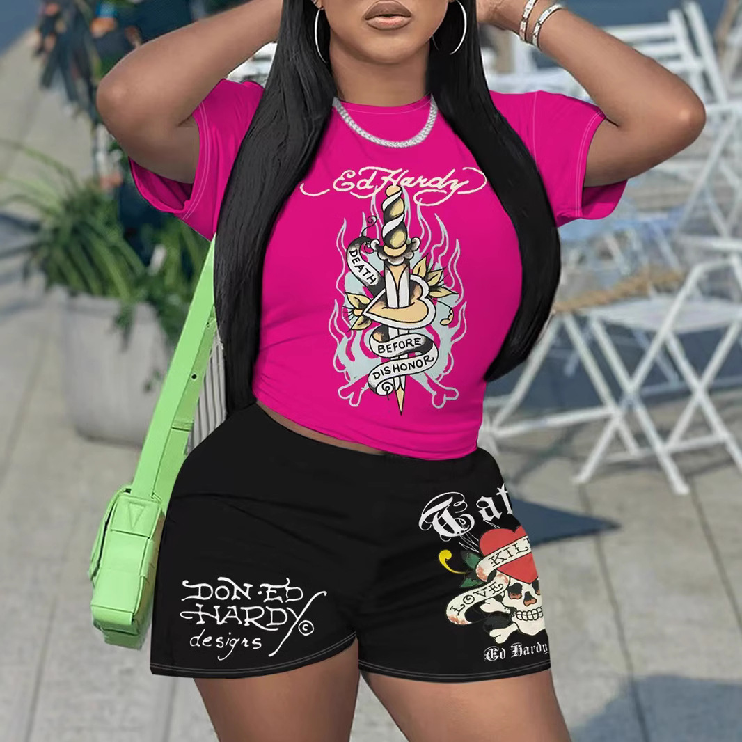 Crop Top Crochet - เสื้อแขนสั้น Crop Tops กางเกงขาสั้นสบายๆชุดจับคู่ 2025 ฤดูร้อนพิมพ์ฟิตเนสออกกําลังกายชุด