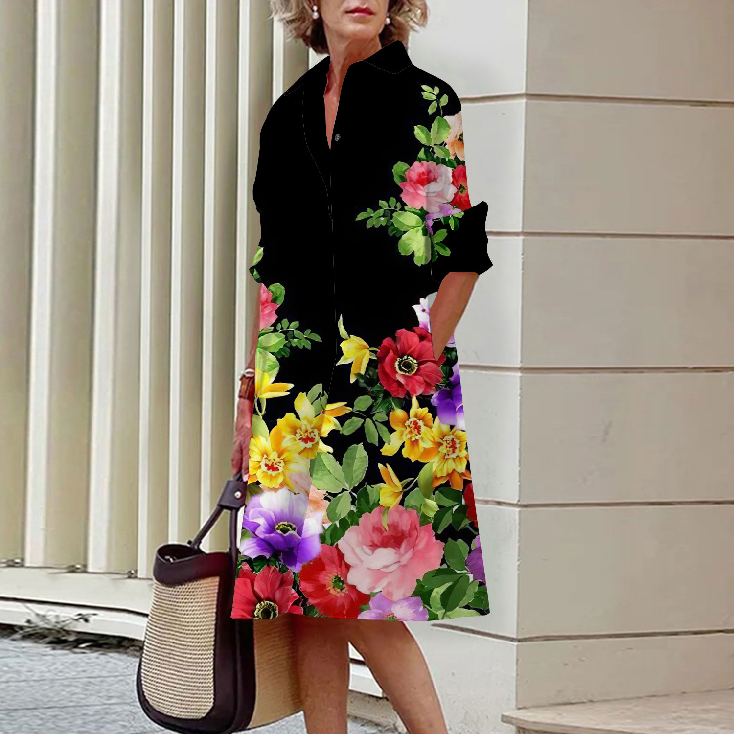 Romper Floral Print - รูปแบบดอกไม้เสื้อชุดผู้หญิงฤดูร้อนสบายๆแขนยาว Midi ชุดอารมณ์สูงแฟชั่น Street เสื้อ