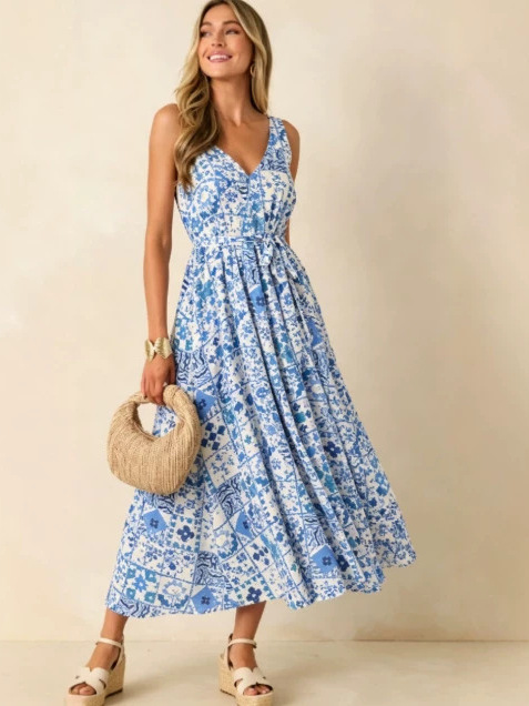 Linen Dress Wrap - ชุดเดรสทรงตรงลำลองสำหรับผู้หญิง ลายดอกไม้ขนาดใหญ่ คอพันแบบสลิมฟิต แขนกุด ทรงหางปลา สำหรับฤดูร้อน
