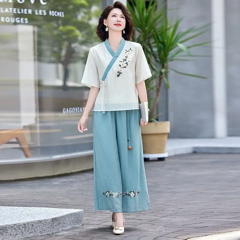 Linen Pant Wide - ชุดผ้าลินินสไตล์จีนแบบใหม่สำหรับผู้หญิง ชุดลำลองฤดูร้อนสองชิ้นสำหรับคุณแม่