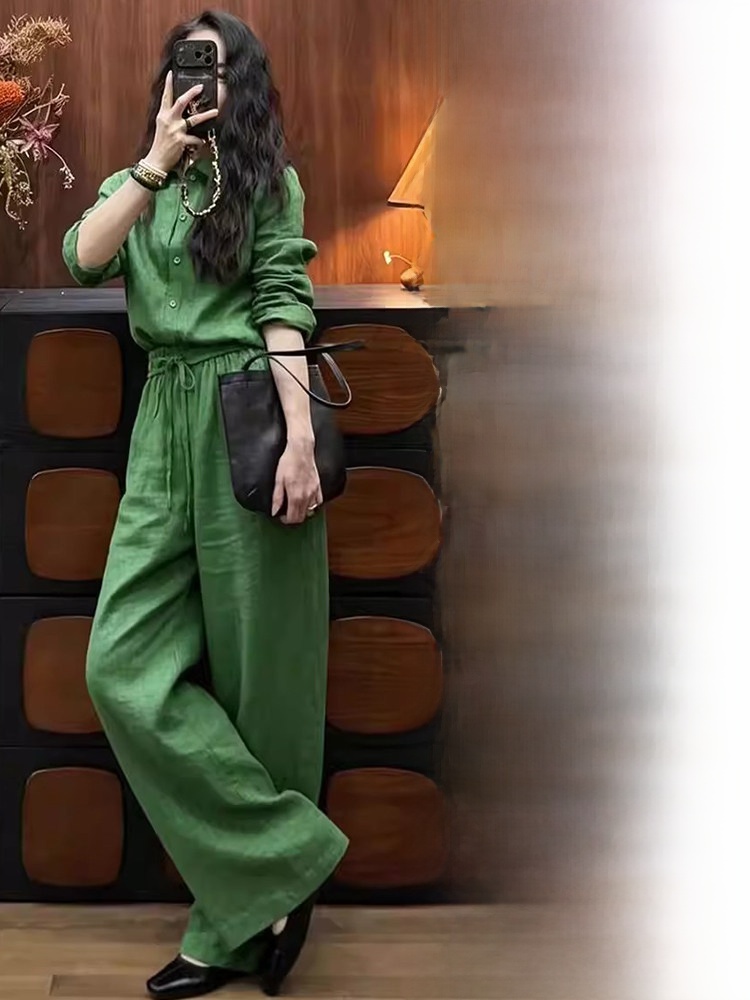 Linen Pant Wide - เสื้อเชิ้ตผ้าลินินทรงหลวมและกางเกงขายาวทรงกว้าง ชุดสองชิ้น สไตล์เกาหลี ชุดลำลองฤดูร้อน สีเขียว คอปก