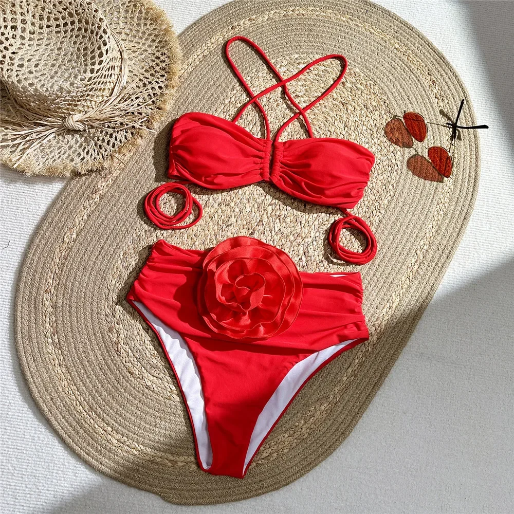 เซ็กซี่สีแดง 3D ดอกไม้ชุดว่ายน - Swimsuit Bikini Ruched บทวิจารณ์และราคา