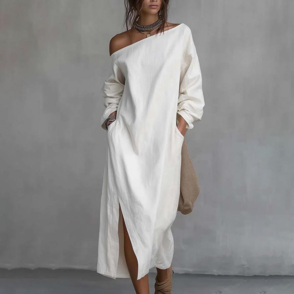 เดรสยาวแขนยาวแบบไหล่เดียวสำหรั - Linen Dress Wrap บทวิจารณ์และราคา