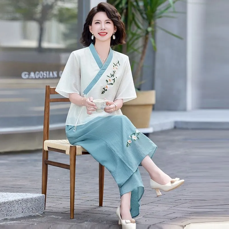 ชุดผ้าลินินสไตล์จีนแบบใหม่สำหร - Linen Pant Wide บทวิจารณ์และราคา